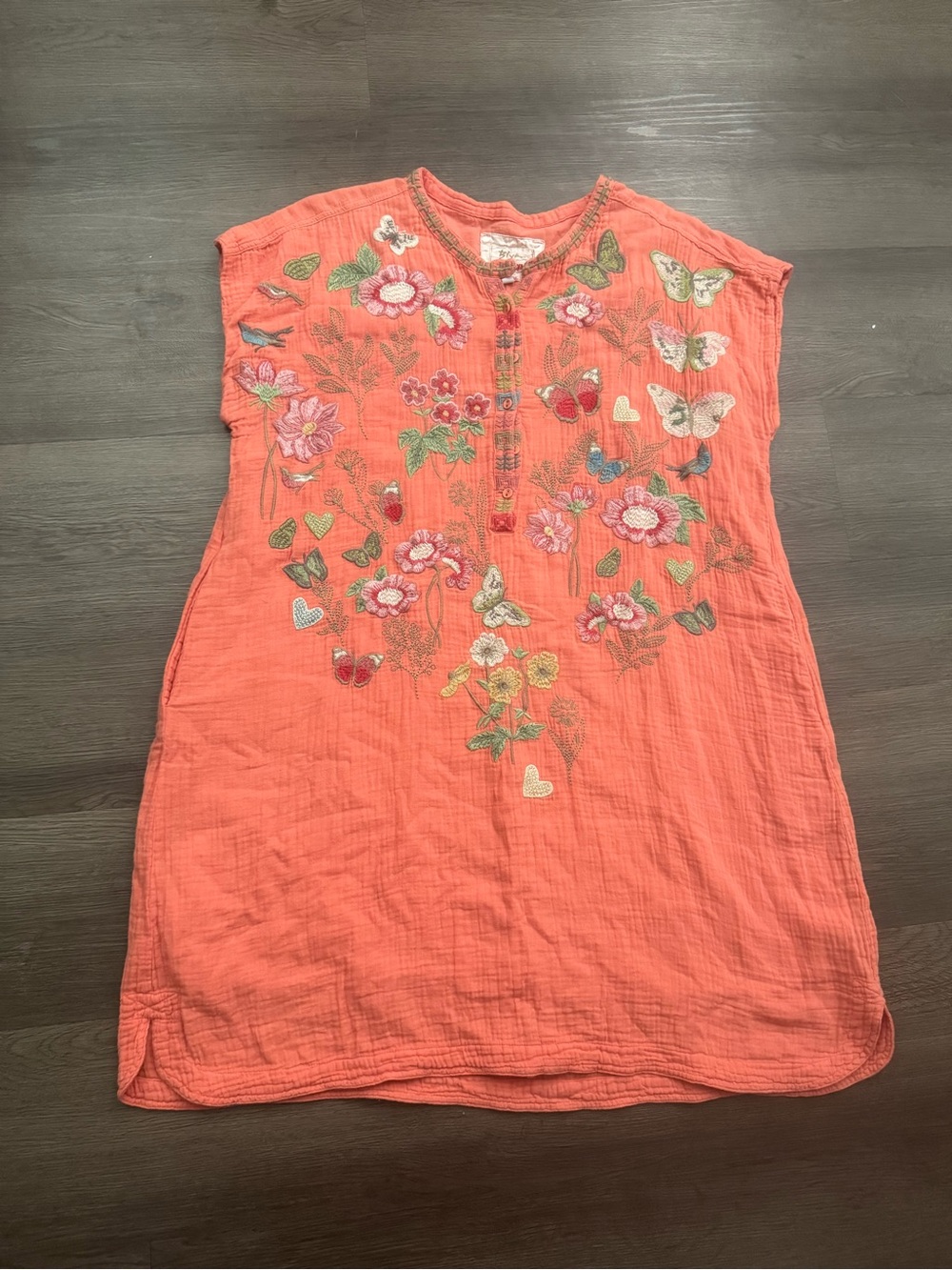 Johnny Was Biya Embroidered Floral Coral Cotton Dress